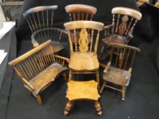 Seven miniature chairs, benches and stools to include miniature shaped top stool on turned supports,