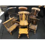 Seven miniature chairs, benches and stools to include miniature shaped top stool on turned supports,