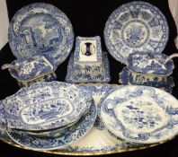 A collection of assorted blue and white china wares to include Spode plate decorated with figures