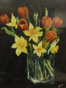 Five assorted prints and paintings to include "Tulips and Daffodils in vase", oil on board,