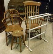 An elm Windsor chair with splat back and crinoline stretcher together with a painted towel rail,