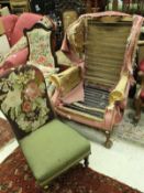Three Victorian chairs, each with floral upholstery and turned front legs,