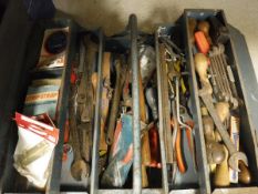 Two boxes of assorted hand tools to include spanners, hammers, saws, etc,