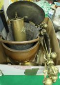 Assorted metal wares to include brass fireside companion set, the handle as a claw and ball,
