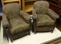 A pair of 19th Century brown suede effect upholstered armchairs