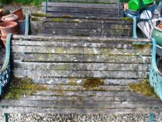 Four various slatted garden benches with painted metal ends