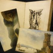 A scrapbook with assorted sketches and watercolours of Continental landscapes