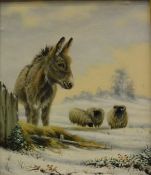 K BUCKLEY "Donkey and Sheep in Snow", oil on canvas,