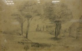Numerous pencil sketches of landscapes, buildings, etc, many indistinctly signed and described,