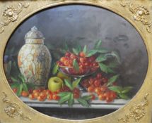 G RUPERT "Vase and cherries in bowl", still life study, oil on canvas, unsigned,