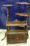 A collection of furniture to include three tier whatnot, wine tables, jardinier stand,