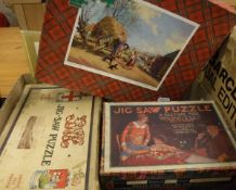 A box of assorted child's puzzles to include Victory plywood jigsaw puzzle "Time to Spare",