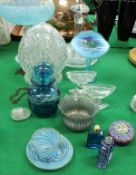 Assorted glassware to include blue vaseline glass tazza on a lattice work column and circular foot,