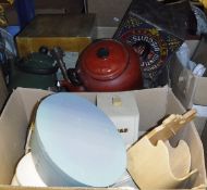 Two boxes of assorted kitchenalia, to include enamelled kettles, Huntley & Palmer's storage tin,