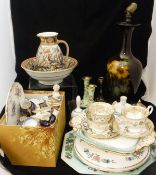 A collection of assorted china wares to include Copeland's wash bowl and jug, assorted candlesticks,