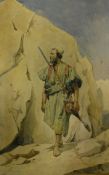 A FORMERI? "Middle Eastern gentleman walking barefoot amongst rocks", watercolour,