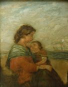 19TH CENTURY ENGLISH SCHOOL "Coastal scene, woman holding child on the shoreline", oil on board,