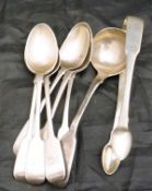 Six assorted silver teaspoons, a silver sauce ladle and a pair of silver sugar tongs, 6.