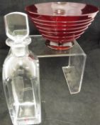 A James Powell & Sons Whitefriars ruby coloured trailed bowl with foot,