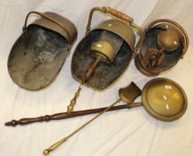 Three assorted coal scuttles and bed warming pan,