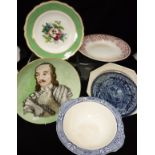 A set of five Copeland floral decorated dessert plates with a green gilt banded rim,