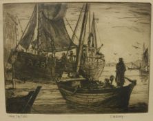 AFTER T HALLIDAY "With the Fleet", a small etching of two boats in the foreground,