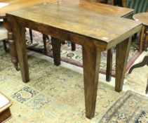 A modern oak plank top single drawer side table on square tapered legs