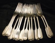 A set of nine silver forks (by John Stone, Exeter 1829 and 1830),