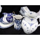 Four boxes of various blue and white china wares to include dinner wares, toilet set, jugs,