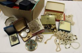 Assorted costume jewellery to include necklaces, watches, pocket watches, badges,
