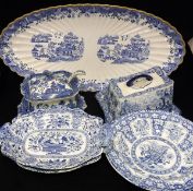 A collection of assorted blue and white china wares to include Spode plate decorated with figures