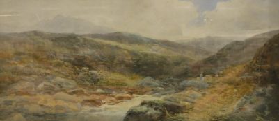WILLIAM WIDGERY (1822-1893) "Mountainous scene with river and figure in foreground", watercolour,