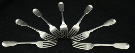 A set of seven Victorian silver forks (by Charles Boyton, London 1846), 11.