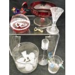 A collection of assorted glassware to include six ruby bowls with clear glass feet,