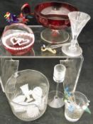 A collection of assorted glassware to include six ruby bowls with clear glass feet,