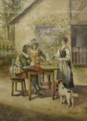 G NASI "Two Musketeers supping at a table whilst a maiden serves, a dog looking on", watercolour,