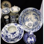 One box of blue and white china to include Wood & Challinor blue and white transfer decorated bowl,