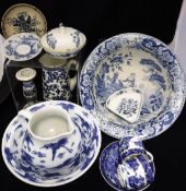 One box of blue and white china to include Wood & Challinor blue and white transfer decorated bowl,