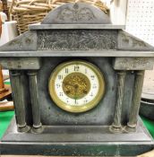 A circa 1900 oak cased drop dial wall clock and a Victorian slate cased architectural design clock
