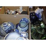 Three boxes of assorted glass and china wares and other sundry items to include busts,