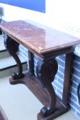 A Victorian rosso marble topped mahogany framed side table with acanthus leaf moulded cabriole legs