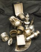Assorted silver and white metal wares to include five silver coffee spoons, silver cruet set,