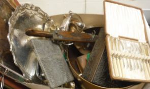 A box of mainly metal wares to include electro-plated tureens, copper bowl,