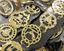A box of assorted horse brasses to include examples featuring bugles, roosters, stags,