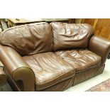 A pair of modern brown leather Laura Ashley two seat scroll arm sofas CONDITION REPORTS