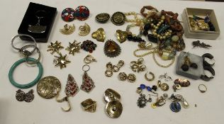 A box of various costume jewellery to include two ladies wristwatches by Rotary and Roamer