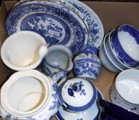Two boxes of assorted china and glassware, together with various sundry items to include lamp bases,
