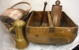 A copper coal helmet with shovel, together with a Scottish brass tappit hen, an oak candle box,