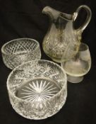 A collection of cut glass bowls, vases, jugs, etc, together with glass goblets,
