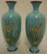 A pair of cloisonné vases decorated with lilies on a sky blue ground CONDITION REPORTS